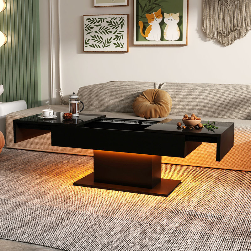 Teirtza Modern LED Center Coffee Table Sliding Top with Storage for Living Room High Glossy Wrought Studio Color Black